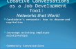 Creative Conversations as a Job Development Tool: Networks that Work! Candidate’s networks: how to discover and capitalize Leverage existing employer relationships.