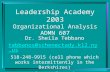 Leadership Academy 2003 Organizational Analysis ADMN 607 Dr. Sheila Tebbano tebbanos@schenectady.k12.ny.us 518-248-9915 (cell phone which works intermittently.