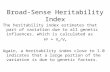 Broad-Sense Heritability Index The heritability index estimates that part of variation due to all genetic influences, which is calculated as H 2 = V G.
