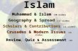 Islam Muhammad & Islam (30 slides) Geography & Spread (15 slides) Scholars & Contributions (15 slides) Crusades & Modern Issues (15 slides) Review, Quiz.