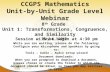 CCGPS Mathematics Unit-by-Unit Grade Level Webinar 8 th Grade Unit 1: Transformations, Congruence, and Similarity May 8, 2012 Session will be begin at.