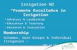 Irrigation NZ “Promote Excellence in Irrigation” Advocacy & Leadership Education & Training Research & Innovation Membership Schemes, User Groups & Individual.