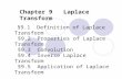 Chapter 9 Laplace Transform §9.1 Definition of Laplace Transform §9.2 Properties of Laplace Transform §9.3 Convolution §9.4 Inverse Laplace Transform §9.5.