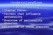 Understanding Personality  Chapter Focus:  Factors that influence personality  Overview of personality theories  Criticism of those theories.