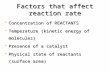 Factors that affect reaction rate  Concentration of REACTANTS  Temperature (kinetic energy of molecules)  Presence of a catalyst  Physical state of.