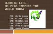 HUMMING LIFE- HELPING INSPIRE THE WORLD TODAY CEO: Chris Leege CFO: Michael Xie CTO: Shelton Cai CMO: Iyesha Puri CSO: Avni Singhal CIO: James Zhuang.