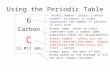 Using the Periodic Table 6 Carbon C 12.011 amu Atomic number- always a whole number, increases in order, represents the number of protons in each atom.