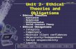 Unit 2- Ethical Theories and Obligations Ethical Theories –Kantianism –Relativism –Utilitarianism –Social Contract Theory Ethical Obligations –Integrity.
