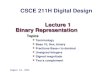 Lecture 1 Binary Representation Topics Terminology Base 10, Hex, binary Fractions Base-r to decimal Unsigned Integers Signed magnitude Two’s complement.