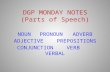 DGP MONDAY NOTES (Parts of Speech) NOUNPRONOUNADVERB ADJECTIVE PREPOSITIONS CONJUNCTION VERB VERBAL.