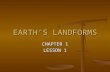 EARTH’S LANDFORMS CHAPTER 1 LESSON 1. LANDFORMS Landforms are the shape of a part of Earth’s surface. Landforms are the shape of a part of Earth’s surface.