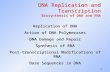 1 DNA Replication and Transcription Biosynthesis of DNA and RNA Replication of DNA Action of DNA Polymerases DNA Damage and Repair Synthesis of RNA Post-transcriptional.