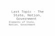 Last Topic - The State, Nation, Government Elements of State, Nation, Government.