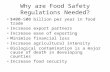 Why are Food Safety Regulations Needed? $400-500 billion per year in food trade Increase export partners Increase ease of exporting Minimize financial.