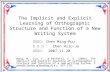 1 The Implicit and Explicit Learning of Orthographic Structure and Function of a New Writing System 指導教授： Chen Ming-Puu 報 告 者 ： Chen Hsiu-Ju 報告日期： 2007.11.20.