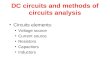 DC circuits and methods of circuits analysis Circuits elements: Voltage source Current source Resistors Capacitors Inductors.