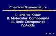 IIIIIIIV Chemical Nomenclature I. Ions to Know II. Molecular Compounds III. Ionic Compounds IV.Acids.