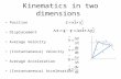 Kinematics in two dimensions Position Displacement Average Velocity (Instantaneous) Velocity Average Acceleration (Instantaneous) Acceleration.