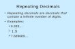 Repeating Decimals Repeating decimals are decimals that contain a infinite number of digits. Examples:  0.333…   7.689689…