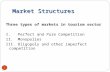 Market Structures 1 Three types of markets in tourism sector I. Perfect and Pure Competition II. Monopolies III. Oligopoly and other imperfect competition.