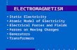 ELECTROMAGNETISM Static Electricity Atomic Model of Electricity Electrical Forces and Fields Forces on Moving Charges Generators Transformers.