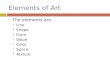 Elements of Art  The elements are…  Line  Shape  Form  Value  Color  Space  Texture.
