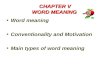 CHAPTER V WORD MEANING Word meaning Conventionality and Motivation Main types of word meaning.