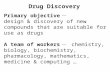 Drug Discovery Primary objective － design & discovery of new compounds that are suitable for use as drugs A team of workers － chemistry, biology, biochemistry,