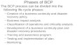Phases of BCP The BCP process can be divided into the following life cycle phases: –Creation of a business continuity and disaster recovery policy. –Business.