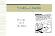 Mendel and Heredity Biology Ch. 8 Ms. Haut. Pre-Mendelian Theory of Heredity  Blending Theory—hereditary material from each parent mixes in the offspring.