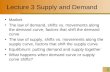 1 Lecture 3 Supply and Demand Market The law of demand, shifts vs. movements along the demand curve, factors that shift the demand curve The law of supply,