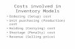 Costs involved in Inventory Models Ordering (Setup) cost Unit purchasing (Production) cost Holding (Carrying) cost Shortage (Penalty) cost Revenue (Selling.