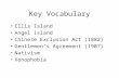 Key Vocabulary Ellis Island Angel Island Chinese Exclusion Act (1882) Gentlemen’s Agreement (1907) Nativism Xenophobia.