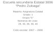 Escuela secundaria Estatal 3006 “Pedro Zuloaga” Materia: Asignatura Estatal Grado: 1 Grupo:”C” Números de Lista: 28, 30, 36, 39, 40 Ciclo escolar: 2007.
