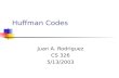 Huffman Codes Juan A. Rodriguez CS 326 5/13/2003.
