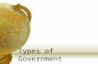 Types of Government Anarchy Description No gov’t and no laws Total disorder Example Usually comes from gov’t failure, overthrown.