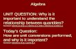 Algebra UNIT QUESTION: Why is it important to understand the relationship between quantities? Standard: MCC9-12.N.Q.1-3, MCC9-12.A.SSE.1, MCC9-12.A.CED.1-4.