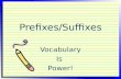 Prefixes/Suffixes Vocabulary Is Power!. Prefixes -added to the beginning of words Suffixes -added to the end of words Word Roots.