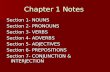 Chapter 1 Notes Section 1- NOUNS Section 2- PRONOUNS Section 3- VERBS Section 4- ADVERBS Section 5- ADJECTIVES Section 6- PREPOSITIONS Section 7- CONJUNCTION.