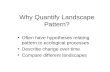 Why Quantify Landscape Pattern? Often have hypotheses relating pattern to ecological processes Describe change over time Compare different landscapes.