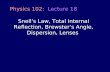 Snell’s Law, Total Internal Reflection, Brewster’s Angle, Dispersion, Lenses Physics 102: Lecture 18.