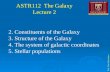 ASTR112 The Galaxy Lecture 2 Prof. John Hearnshaw 2. Constituents of the Galaxy 3. Structure of the Galaxy 4. The system of galactic coordinates 5. Stellar.