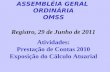 ASSEMBLÉIA GERAL ORDINÁRIA OMSS Registro, 29 de Junho de 2011 Atividades: Prestação de Contas 2010 Exposição do Cálculo Atuarial.