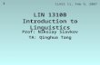 1 LIN 1310B Introduction to Linguistics Prof: Nikolay Slavkov TA: Qinghua Tang CLASS 11, Feb 9, 2007.