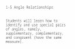 1-5 Angle Relationships Students will learn how to identify and use special pairs of angles, namely, supplementary, complementary, and congruent (have.