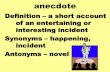 anecdote - cooperms.typepad.com · anecdote Definition – a short account of an entertaining or interesting incident Synonyms – happening, incident Antonyms – novel
