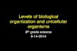 Levels of biological organization and unicellular organisms...Multicellular organisms Organism is made up of many cells Cells are specialized to perform different functions Cells don’t
