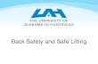 Back Safety and Safe Lifting - UAH · 2019-01-03 · Techniques for Safe Lifting Tighten stomach muscles: they support spine when lifting reducing force of the load Get a good grip: