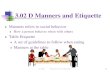 Manners and etiquette - cabarrus.k12.nc.us · 1 3.02 D Manners and Etiquette Manners refers to social behavior How a person behaves when with others Table Etiquette A set of guidelines