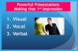Powerful Presentations Making that 1st Impression · First Impressions: 93% rule… Appearance & Body Language Tone, Pitch and Voice Pace What you say